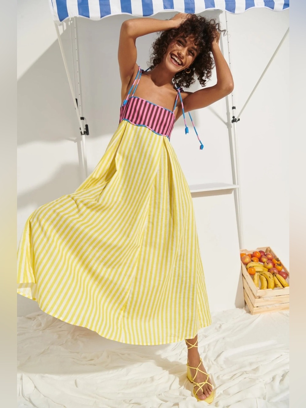 New Celia B Lola Cabana Striped Linen Midi Dress
